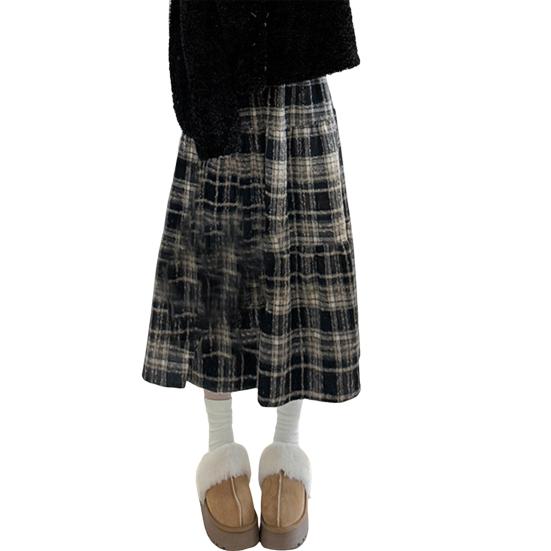 Юбка шерстяная с высокой талией, женская клетчатая юбка с оборками и строчкой, юбка-трапеция, осенне-зимняя шерстяная юбка на каждый день