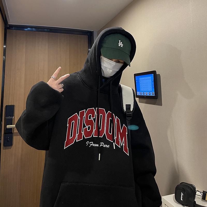 Мужская серая толстовка с капюшоном: Модный американский бренд, принт с буквами, плюс бархат, утолщенный, свободный крой для осени и зимы