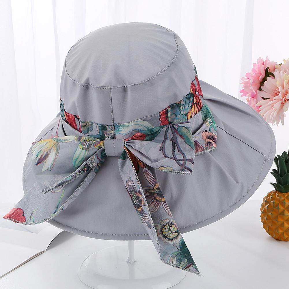 Female Summer Sun Hat Wide Brim Printing Bowknot Ribbon Foldable Soft Cap