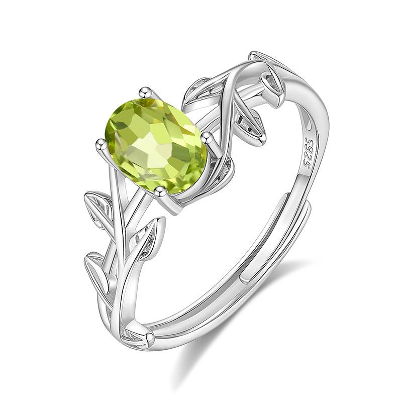 S925 Sterling Silver Natural Crystal Stone Leaf Four-claw Ring Fashion Light Luxury High-end Personality Ring