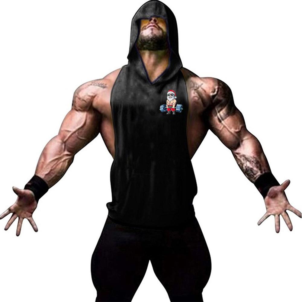 Men's fashion trend personalized gym fitness and leisure sleeveless Santa Claus print pattern hooded vest sports running vest