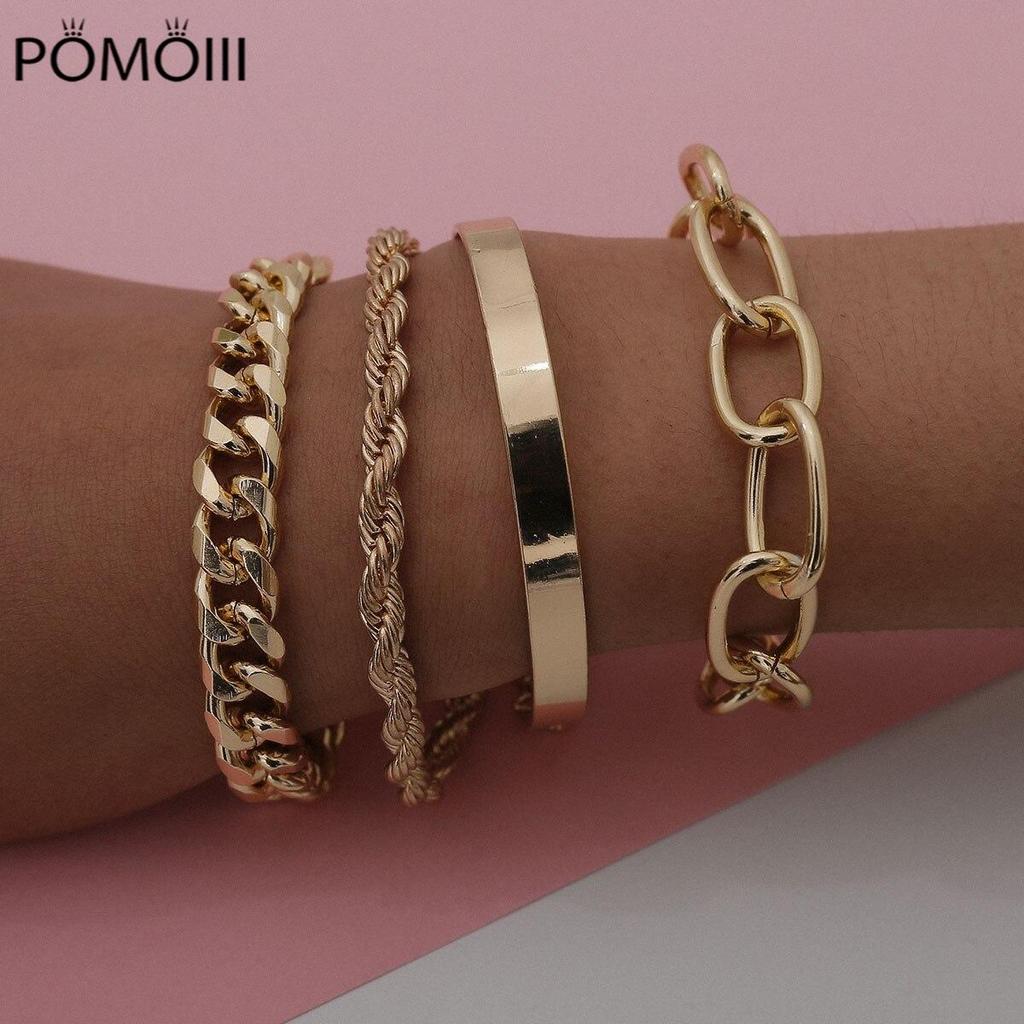 4Pcs Punk Curb Cuban Chain Bracelets Set For Women Miami Boho Thick Gold Color Charm Bracelets Bangles Fashion Jewelry