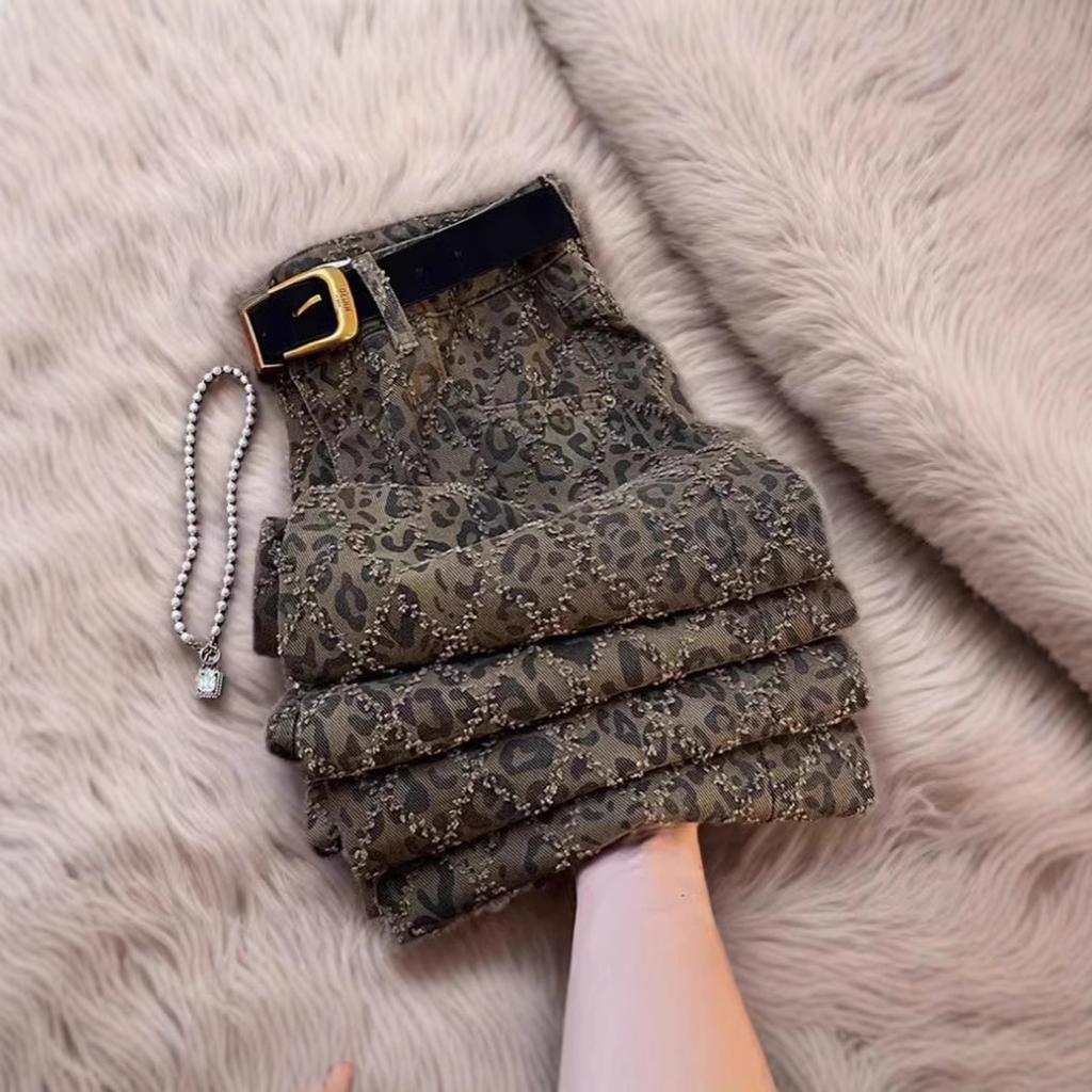 Leopard Print High Waist Slim Jeans for Women's Street Wear 2025 Spring and Autumn Vintage Casual Straight Pants