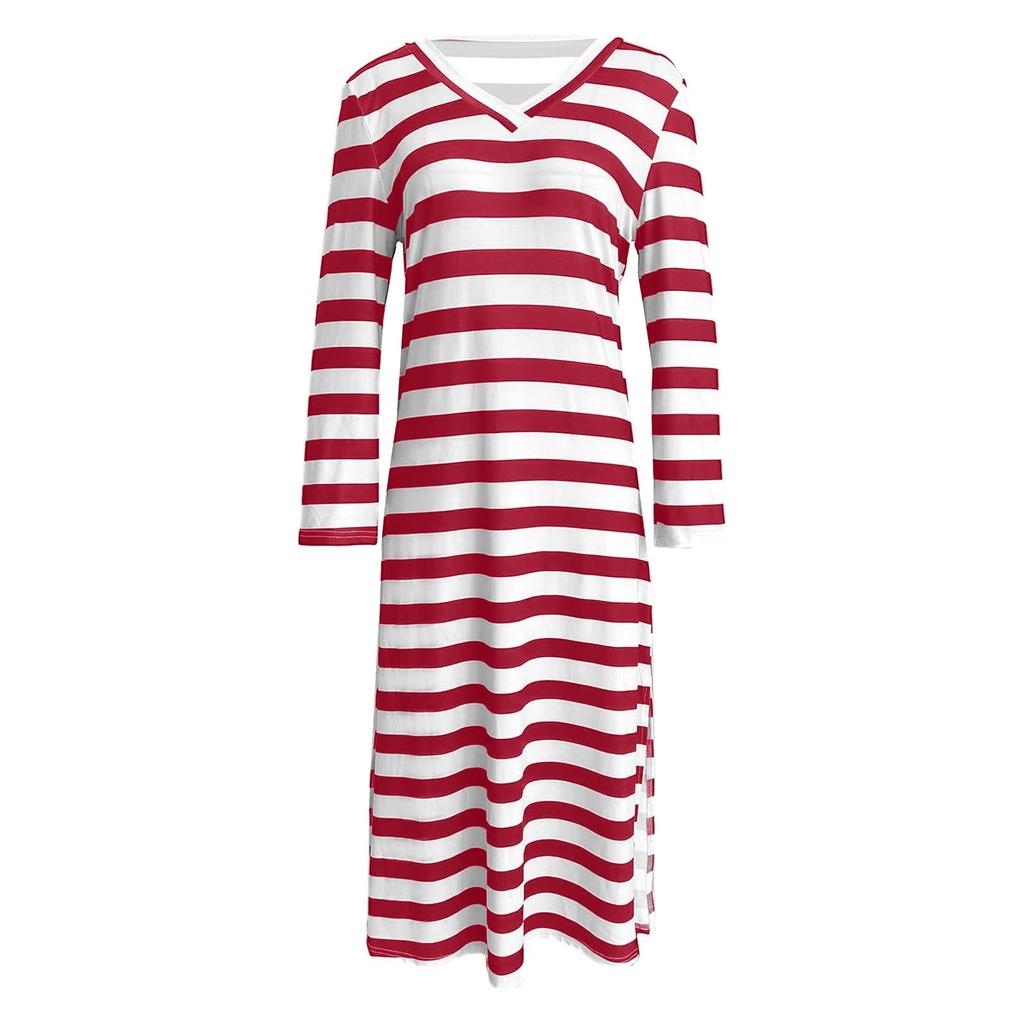 Женское свободное платье Temperament с V-образным вырезом, двухцветной полоской и длинными рукавами и разрезом