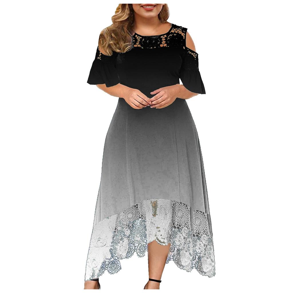 Plus Size Fashion Gradient Print Womens Lace Stitching Ruffle Short-Sleeved Strapless Sheath Dress