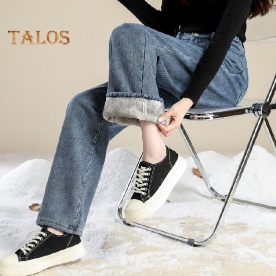 Женские зимние джинсы с высокой талией, застежкой-молнией, подкладкой из толстого бархата, свободным кроем, карманами, прямыми широкими штанинами, повседневными длинными брюками