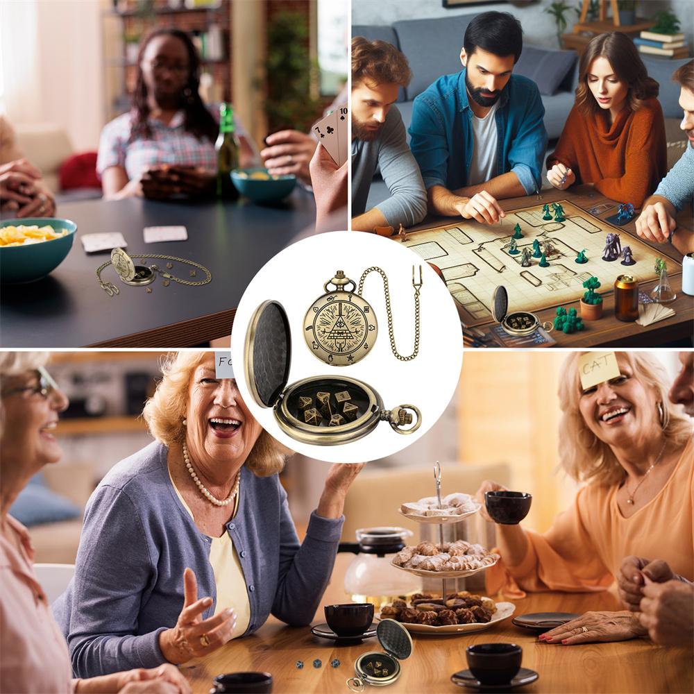 Vintage Bronze/Grey Black Pocket Watch Case with Mini Entertainment Dices Pocket Chain Birthday Gifts