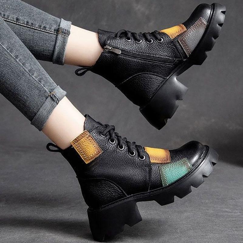 Thick-heeled Boots Women's Spring and Autumn Soft Leather Color Short Boots High-heeled Waterproof Platform Retro Single Boot