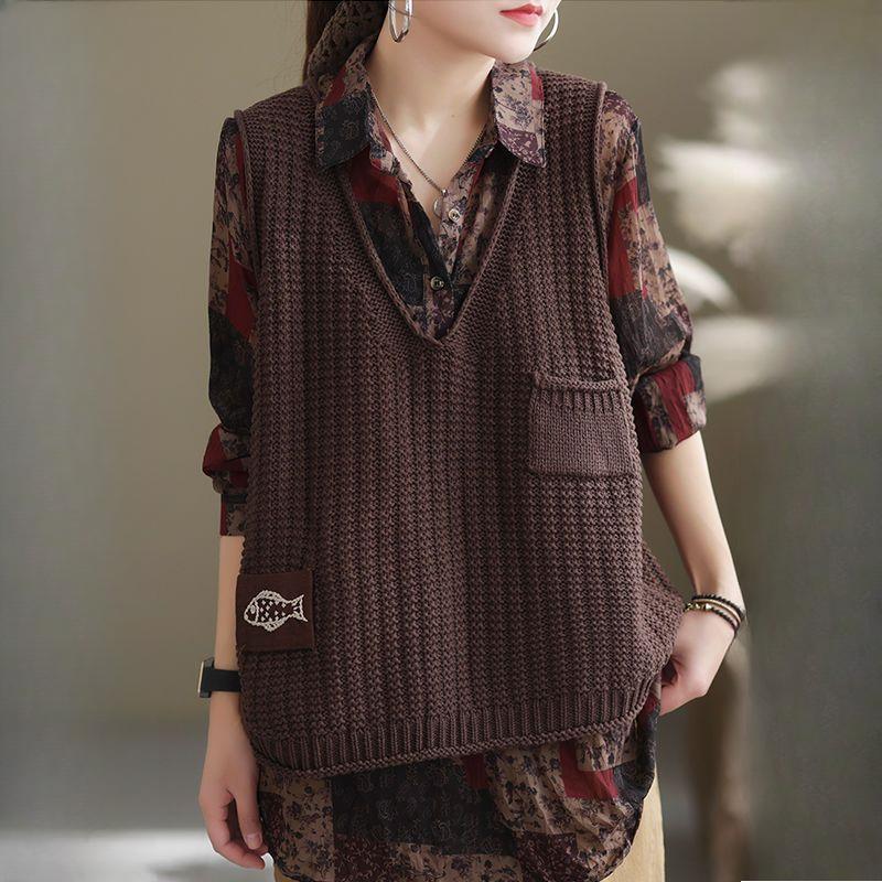 Женская свободная верхняя одежда в корейском стиле, универсальный пуловер с V-образным вырезом, тонкий ажурный трикотажный свитер без рукавов, жилет, кардиган, трендовый