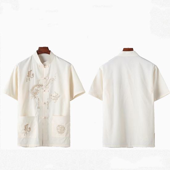 2 шт./компл., повседневный костюм среднего возраста, китайский стиль, узор дракона, воротник-стойка, короткий рукав, однобортный топ, комплект с длинными брюками с эластичной резинкой на талии