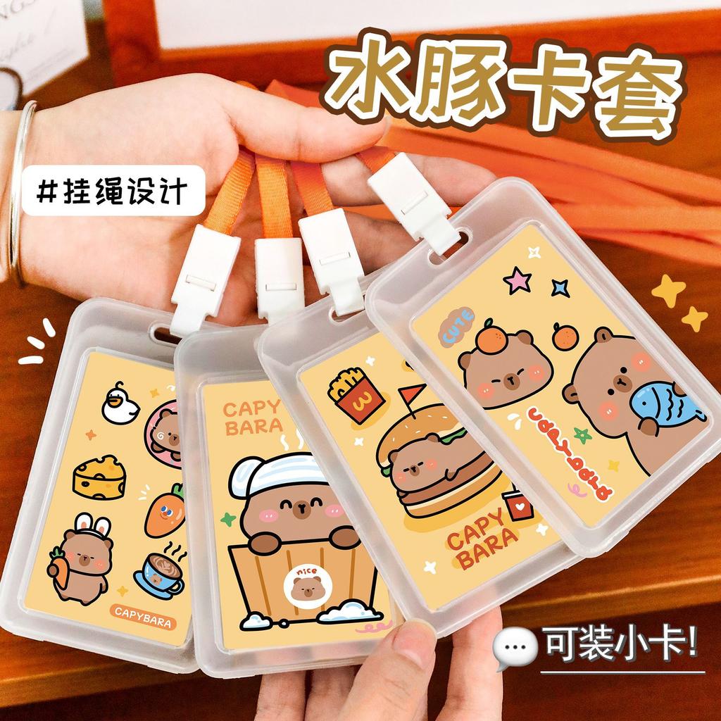 Transparent Campus Card Case With Capybara Name Information Card Student Meal Card Bus Card Holders Lanyards ID Credit Card Hold