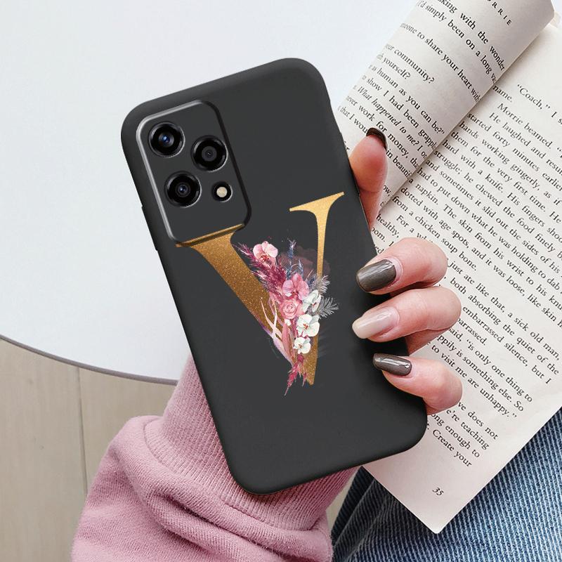Золотой Чехол-Буквы Для Honor 200 Pro Lite Умный Черный Чехол Мягкая Крышка Для Honor 200Lite Защитный Ударопрочный Funda Розовый Цветок