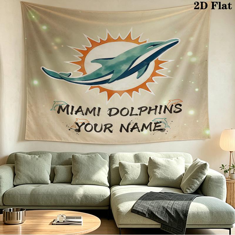 Custom Name Miami Dolphins Printed Tapestry – Wall Hanging for Bedrooms, Dorms, and Home Decor