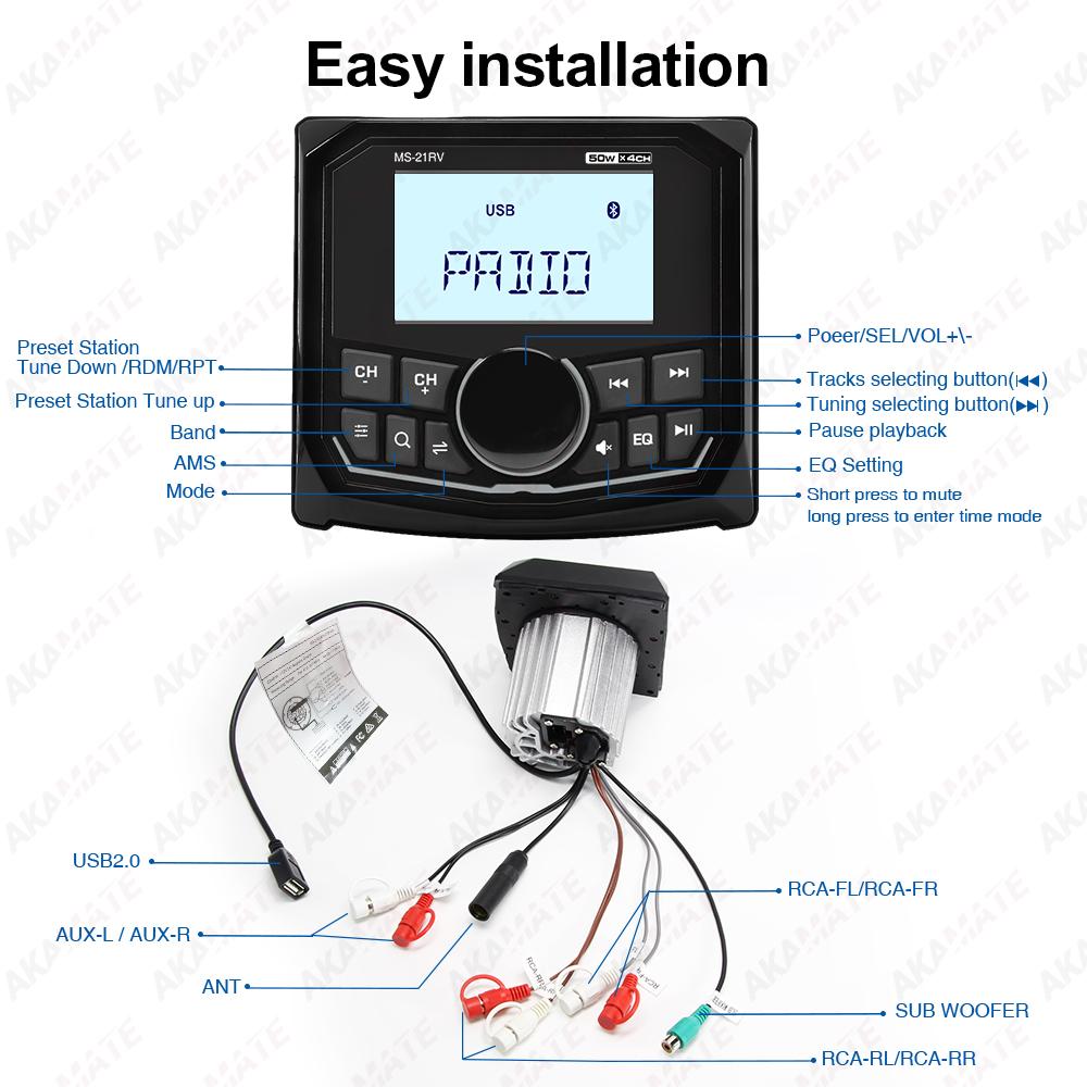 Marine Radio MP3 Player Waterproof Bluetooth AUX FM AM Music Media Video Player Colour Backlight for Harvesters ATV UTV SPA RZR