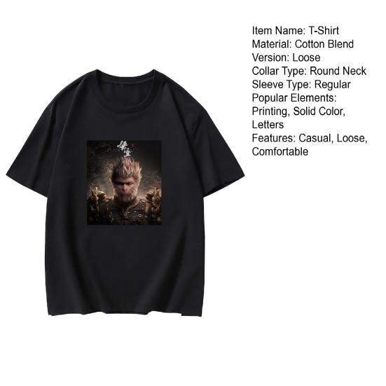 Adults Casual T-Shirt Chinese Black Myth Game Graphic Tee Cotton Blend Round Neck