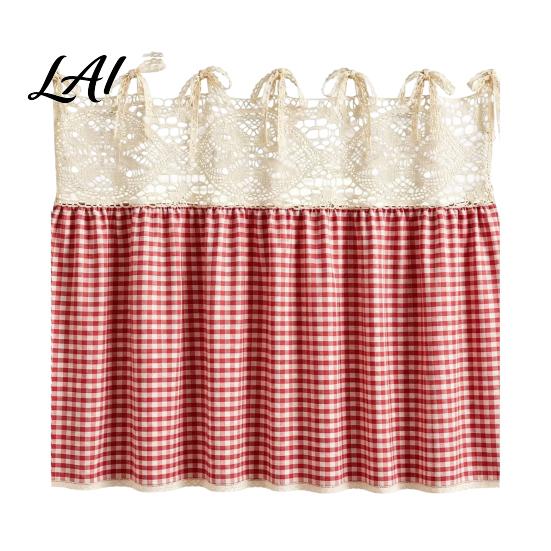 Farmhouse Kitchen Linen Decor Stove Skirt Plaid Crochet Lace Oven Curtain Appliance Handle Shield Skirt Curtain with Ties for Cottage Cover