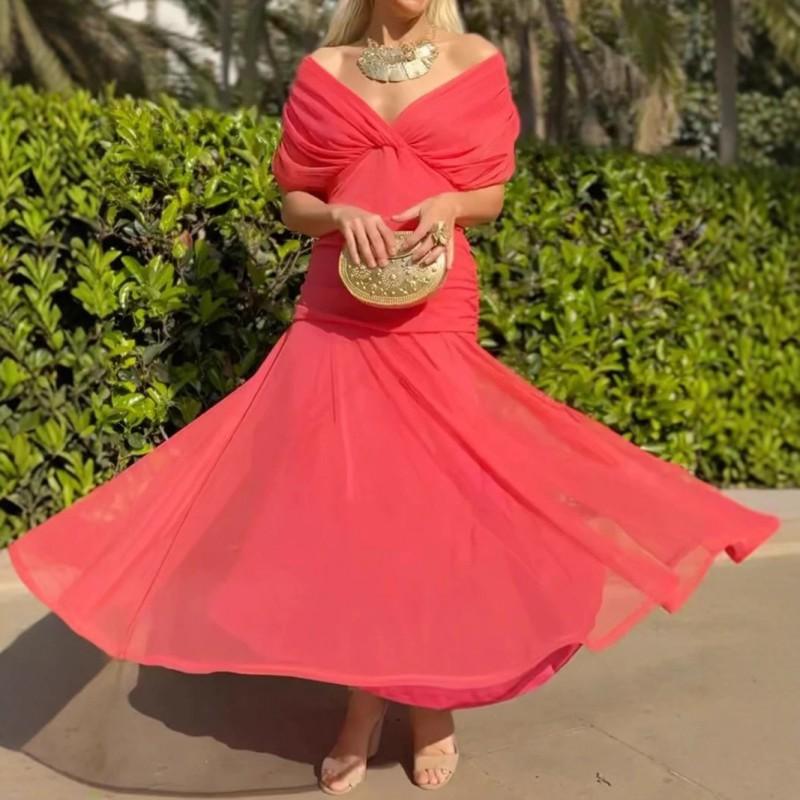 Elegant Solid Color Deep V Neck Mesh Dress Women High Waist Maxi