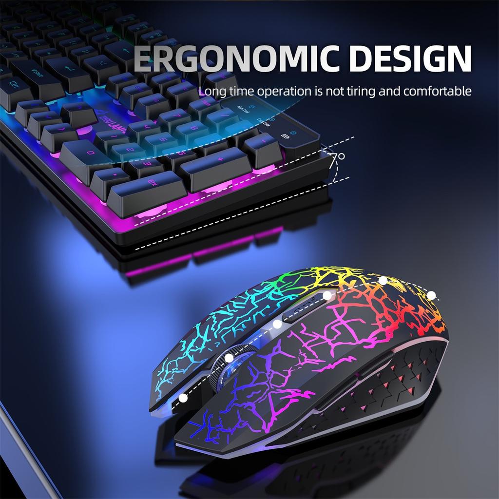 Wireless Gaming Keyboard And Mouse Combo With Mouse Pad, LED Backlit Rechargeable Battery Mechanical Ergonomic Feel 7 Color Backlit Mute Mice