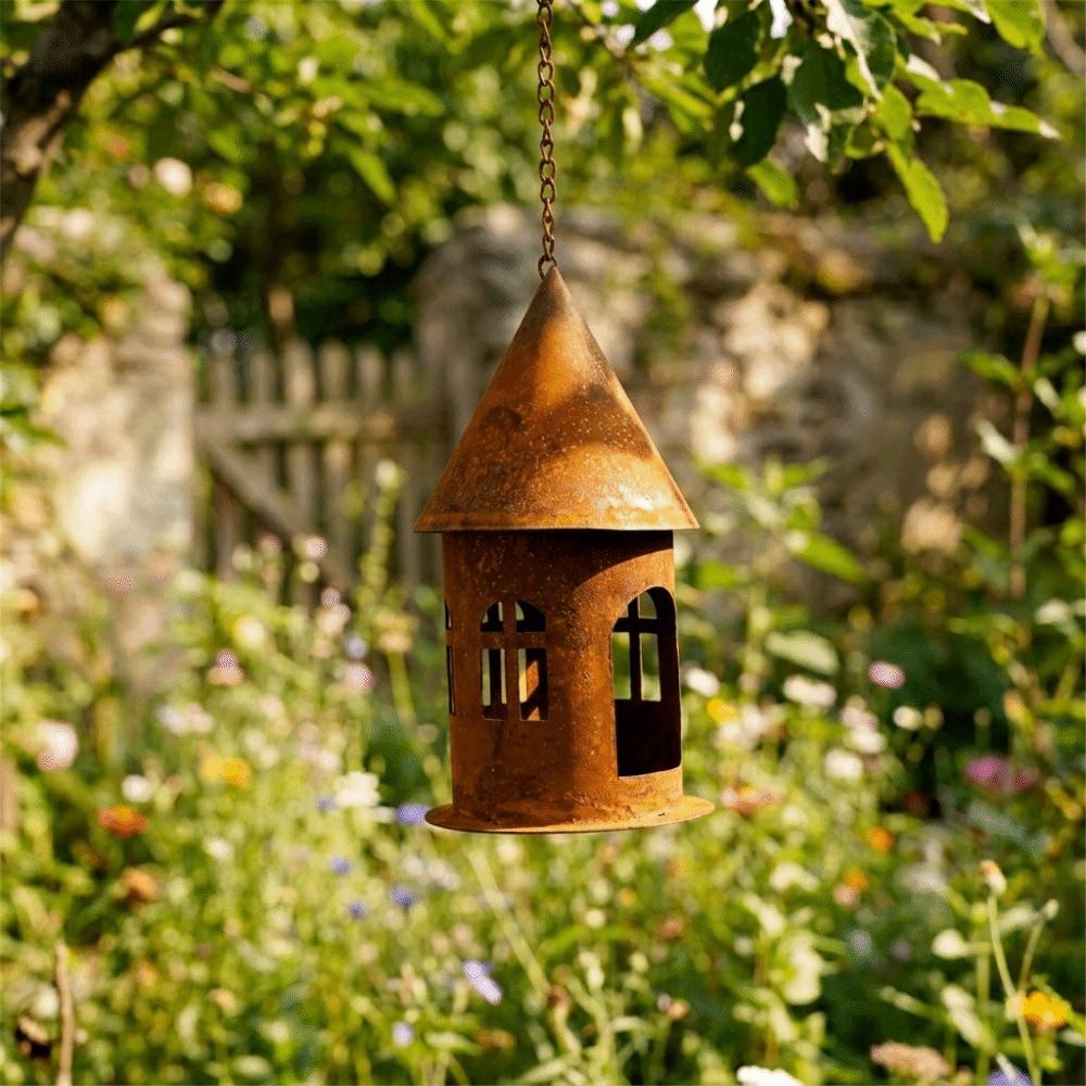 Hollow Design Hanging Castle Candle Holder Iron Hanging Bird Feeder Castle Ornaments  Balcony