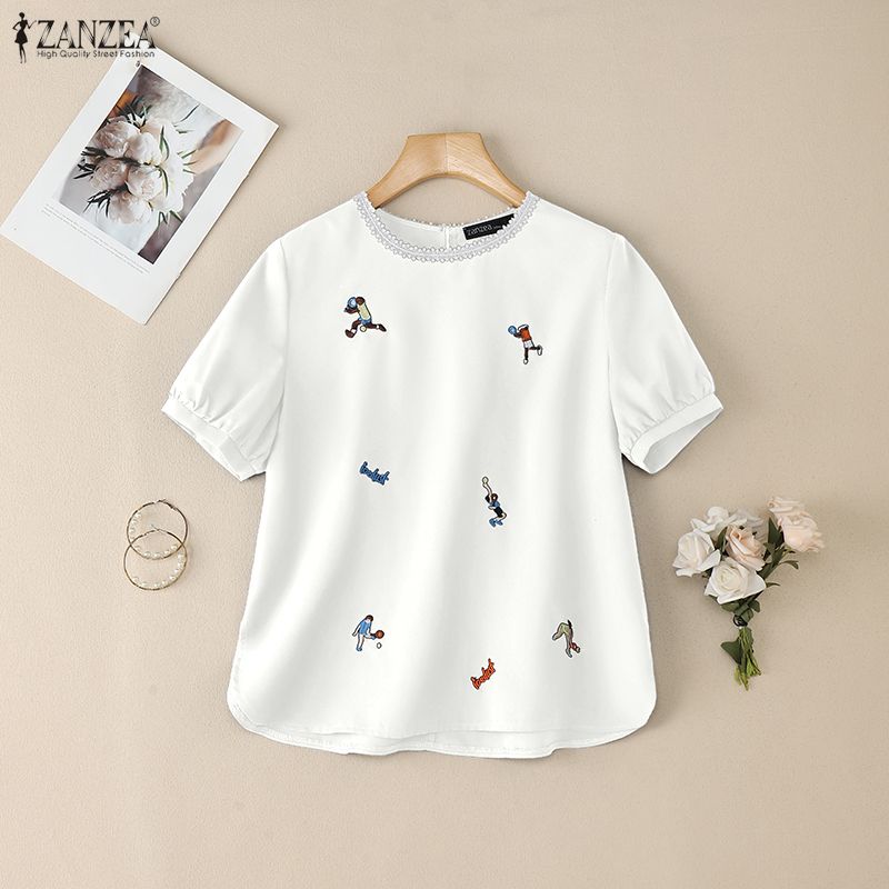 ZANZEA Женская летняя повседневная блузка с круглым вырезом, коротким рукавом и принтом