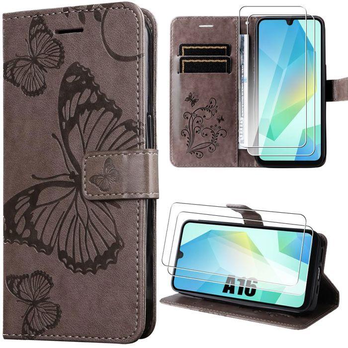 Coque - BOOLING - pour Samsung Galaxy A16 4G/5G - Effet Cuir Marron Papillons - 2 Verres Trempés