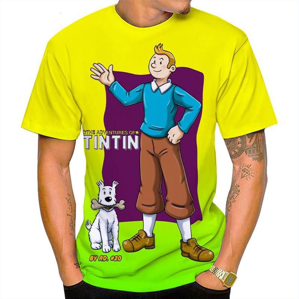 Мужская повседневная футболка с круглым вырезом и 3D-мультяшным принтом 'Приключения Тинтина'