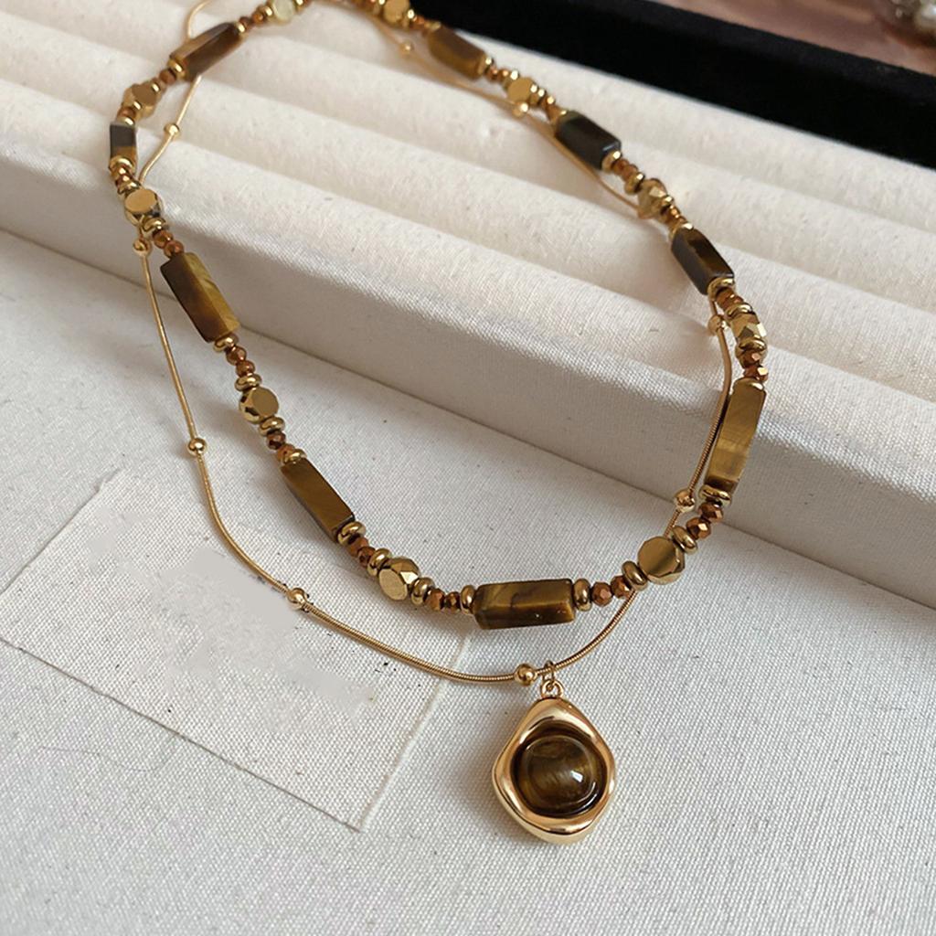 Fashionable Double Layer Collarbone Necklace Featuring Tigers Eye Stone Pendant in Vintage Styles for Trendy Women