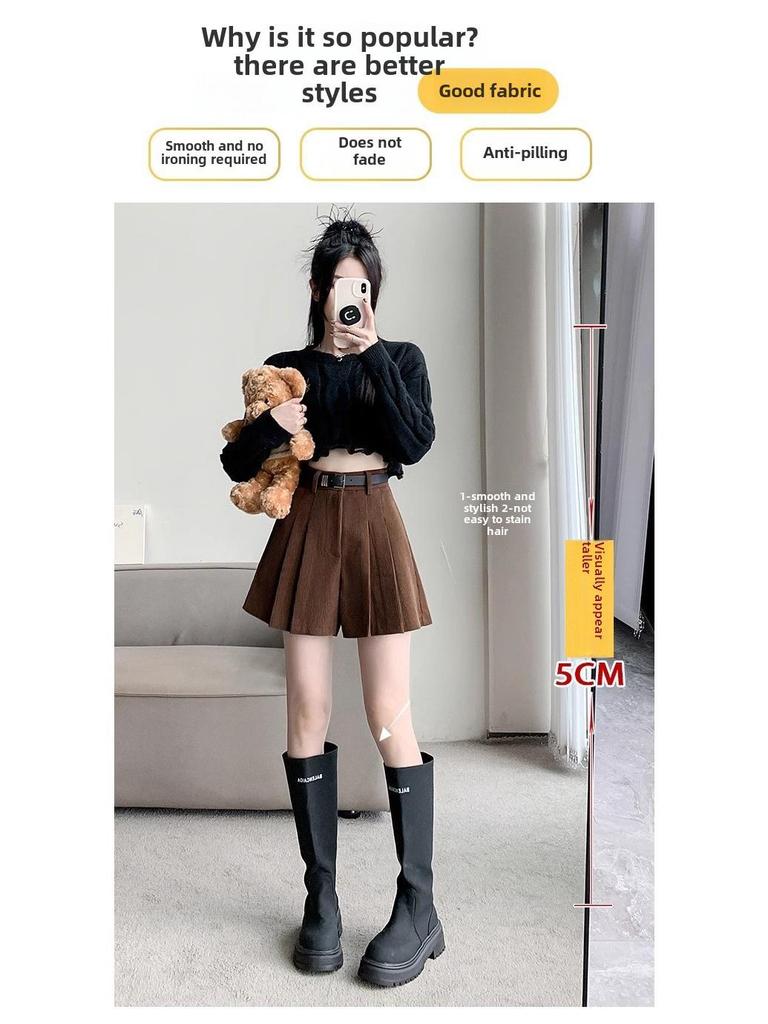 Женские вельветовые шорты с высокой талией и складками — облегающие, широкие, универсальные повседневные модели на осень/зиму 2023 г.