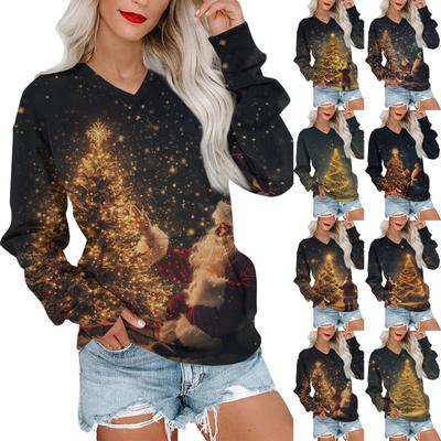 Женская рождественская толстовка с V-образным вырезом, длинный рукав, повседневный легкий пуловер
