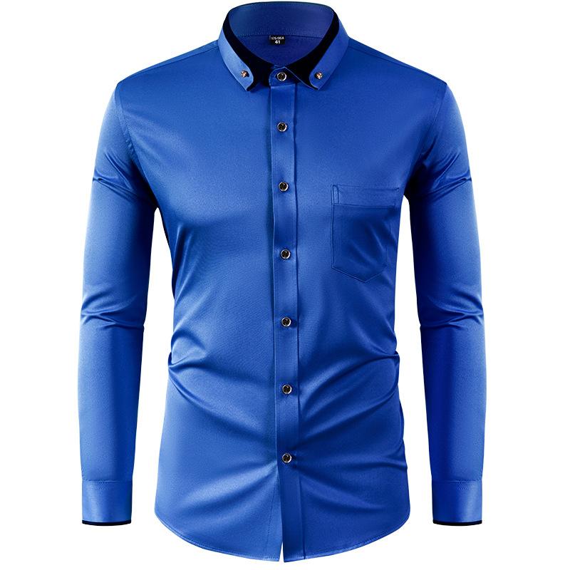 Four Sided Elastic Shirt for Men Color Blocked Diamond Button Lapel Shirt Casual No Iron Formal Wear Shirt