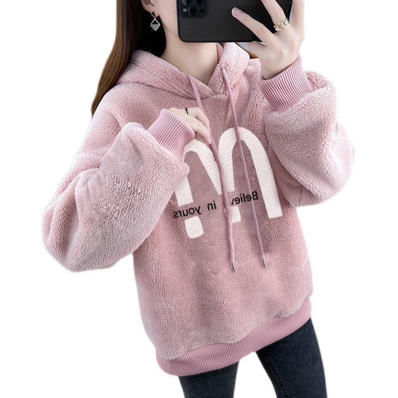 Womens Fleece Hoodie Warm Thick Plush Sweatshirt Casual Loose Fit Pink Khaki White S-2XL