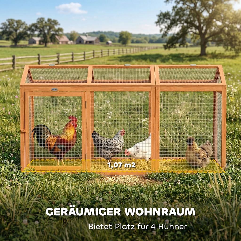 Chicken Coop Free-Range Run with Perch Double Doors, Made of Wood and Metal, for 4 Chickens, 156 x 70.5 x 84 cm Orange