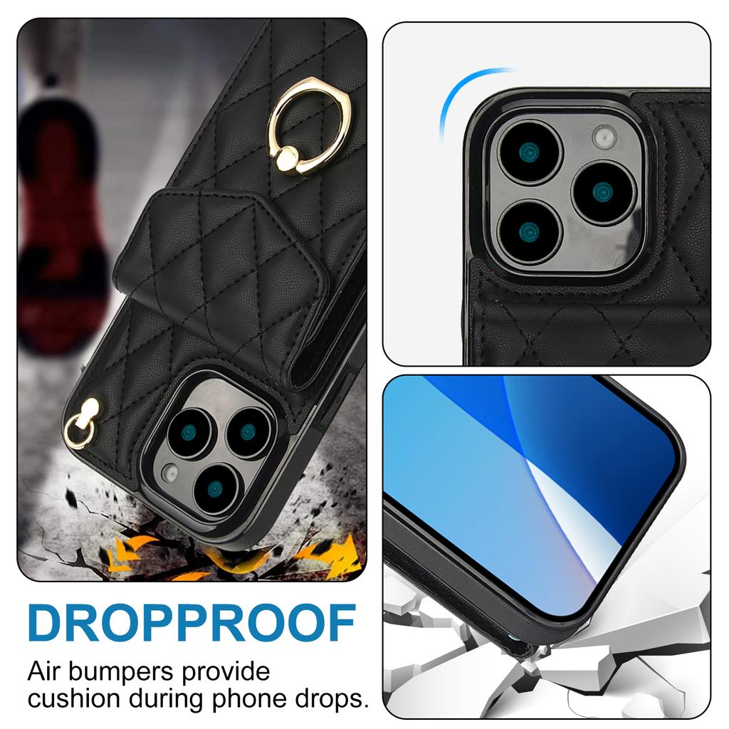For iPhone 16 Pro Max Case Card Bag Leather+TPU Crossbody Phone Cover with Ring Kickstand