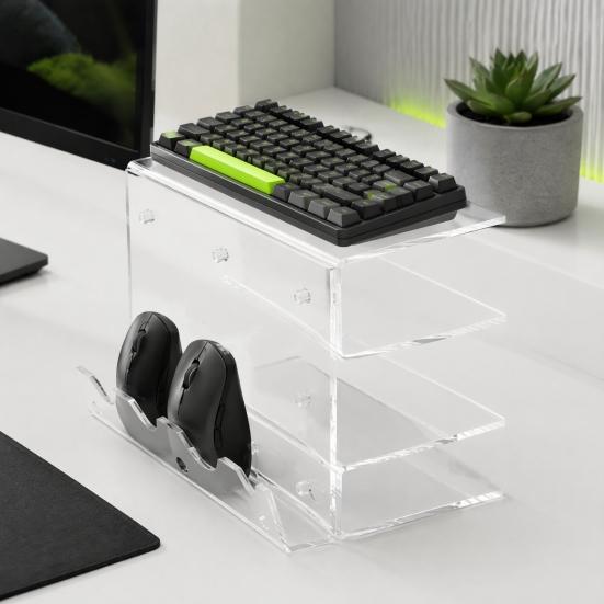 Computer Peripherals Organizer 3-Tier Keyboard Display Stand, Ergonomic Tilt Acrylic Storage Organizer, Shelf Space Saving Holder for Mechanical