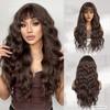 Brown Curly Synthetic Wigs with Bangs Long Layered Wavy Wig for Women Fluffy Soft Fake Hair Heat Resistant Fiber