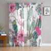 Tropical Plant Green Cactus Pink Flower Sheer Curtains for Living Room Decoration Window Curtains Kitchen Tulle Voile Curtains