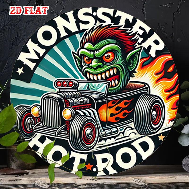 D Flat pc Monster Hot Rod Round Wall Art Vintage Car Retro Style Flame Design Durable Aluminum IndoorOutdoor Decor