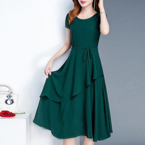 Женское платье миди с круглым вырезом и коротким рукавом, элегантное платье с многослойным подолом и шнуровкой, платье миди трапециевидной формы, уличная одежда