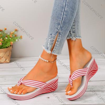 Fashion Comemore 2025 Шлепанцы Женская Летняя Обувь Повседневные Полосатые Платформа Клинья Пляжные Шлепки Туфли на Высоком Каблуке Шлепанцы для Женщин