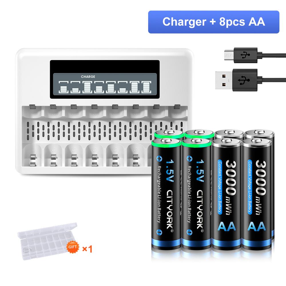 Литий-ионный аккумулятор AA3000mwh, 1,5 В, литиевая аккумуляторная батарея AA + 8 слотов, интеллектуальное зарядное устройство с ЖК-дисплеем