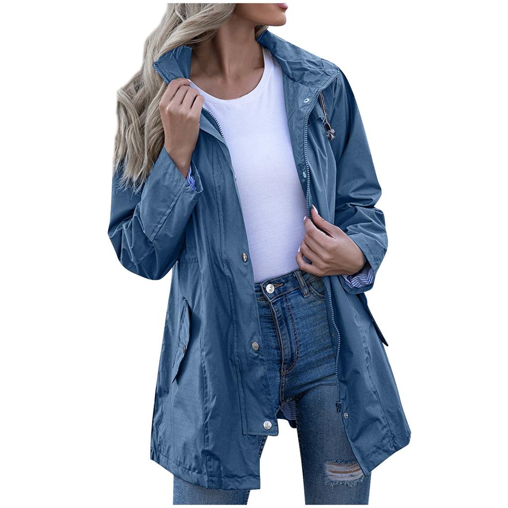 Women Hooded Waterproof Zipper Mid-length Windproof Waterproof Raincoat Jacket