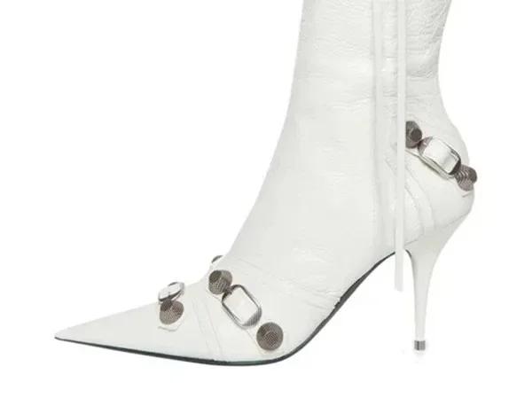 Модные горячие продажи высокие тонкие каблуки ботильоны для женщин металлический декор заклепки бахрома молния с булавками носок мотоциклетные женские ботинки женская обувь