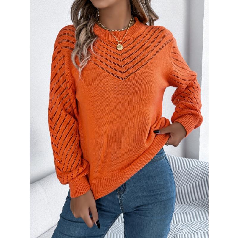 Elegant Round Neck Hollow Out Long Sleeve Pullover Sweater Women 2025 Fashion Sweet Autumn and Winter Casual Knitted Tops Solid Color Office Clothing