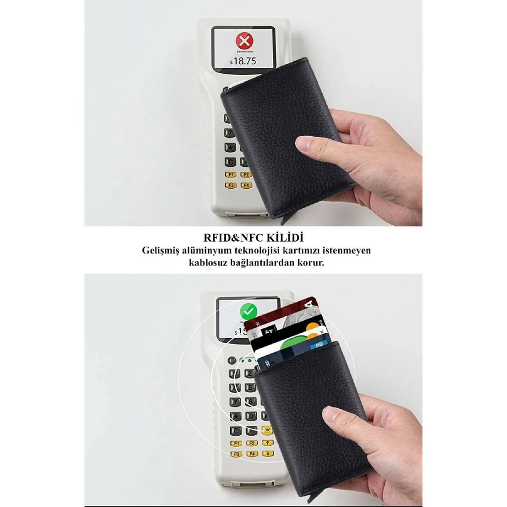 Унисекс черный кошелек из натуральной кожи с механизмом - (Специально для имени) - (Подарок на брелок из натуральной кожи)