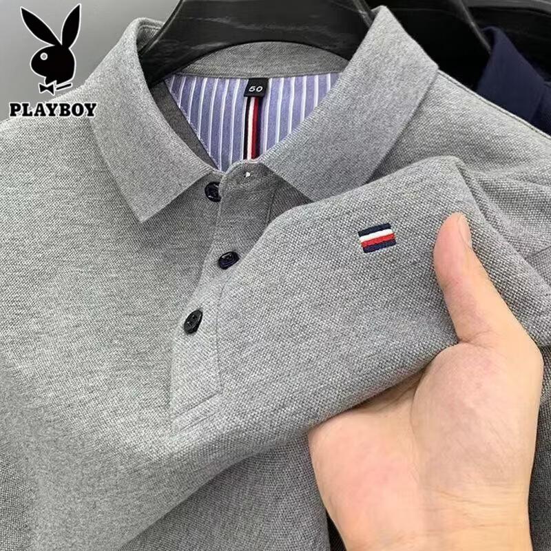 PLAYBOY Мужская дышащая рубашка-поло с длинным рукавом и вышивкой