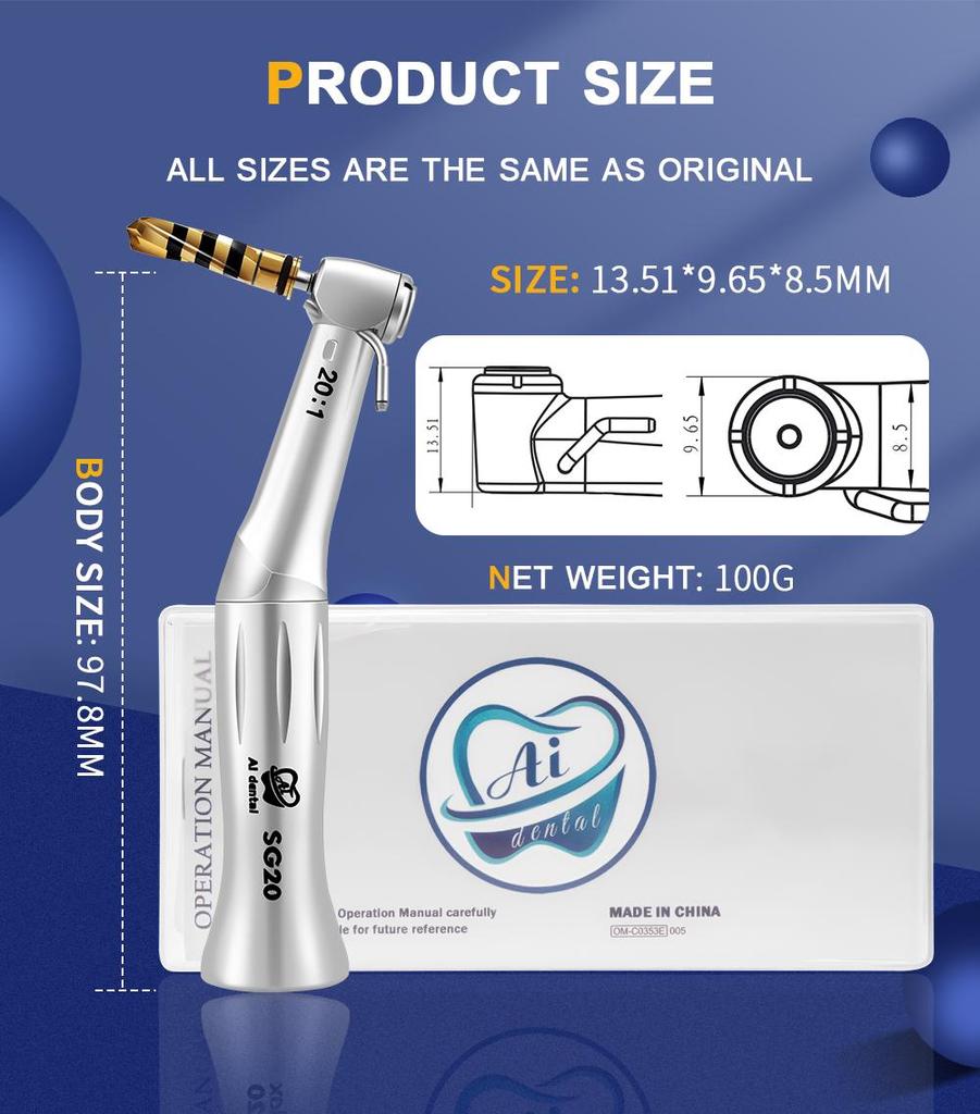 Dental Implant Handpiece AI-SG20 20:1 Reduction Contra Angle Low Speed Push Button Chuck For Surgery