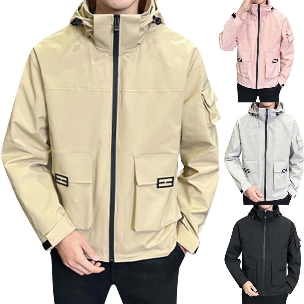 Men's Solid Color Outdoor Casual Jacket Hooded Jacket Men's Workwear Multi Pocket Jacket