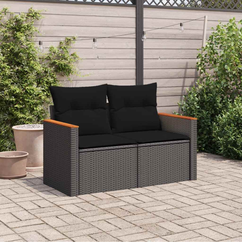 2 Seater Garden Sofa with Cushions Black Poly Rattan