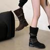Pleated Buckle Knight Boots for Women Autumn New Faux Suede Brown Mid-calf Boots Woman Slip-On Thick Heel Booties Botas De Mujer