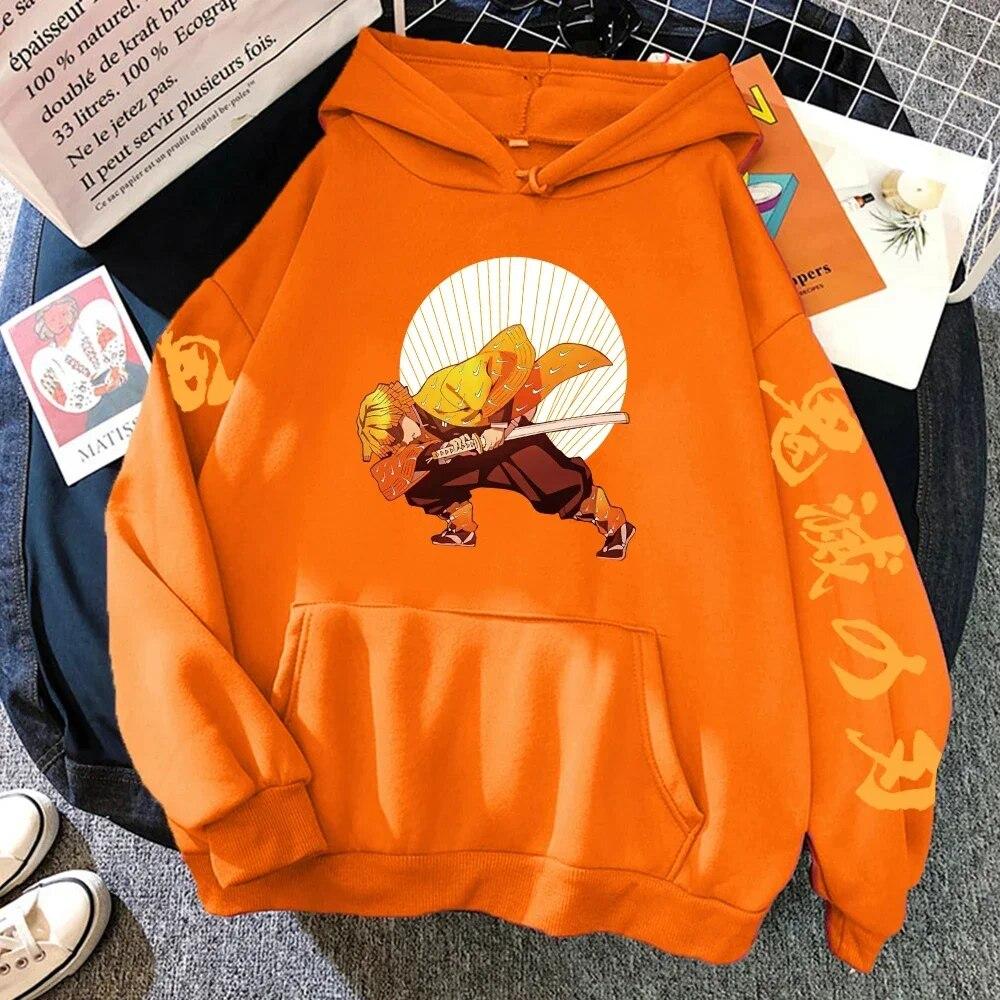 Толстовка с принтом Demon Slayer Agatsuma Zenitsu в стиле хип-хоп, свободная толстовка с капюшоном, повседневная флисовая толстовка в стиле Харадзюку, топы с круглым вырезом, толстовки
